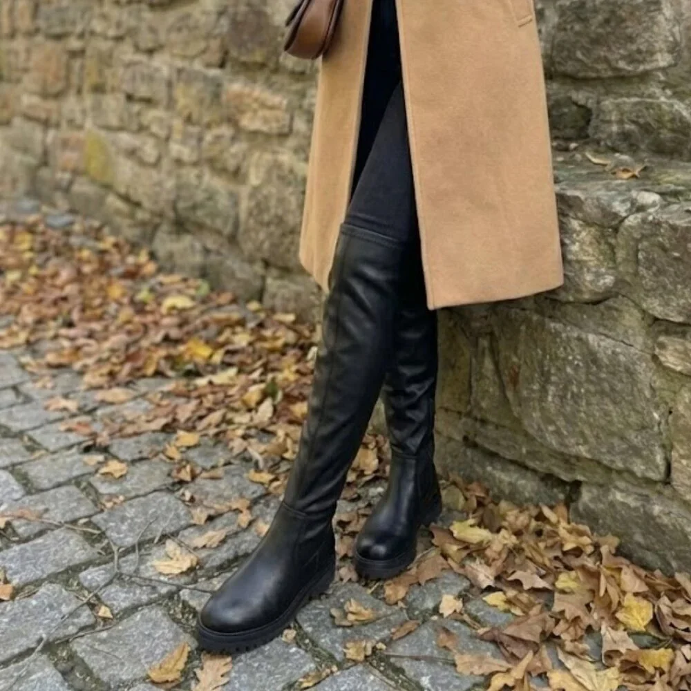 NWT Wild Diva Black Over The Knee Boots Chunky Lug Sole Thigh High Combat